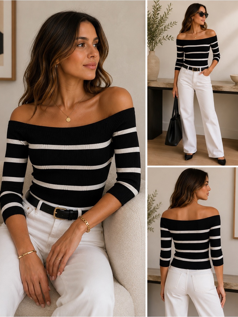 L’AGENCE Black White Striped Off Shoulder Ribbed Knit Top Size M